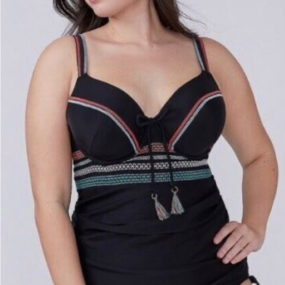 Lane Bryant Swim By Cacique Black Tankini Tassel  Swimsuit Underwire. Size 40DD.